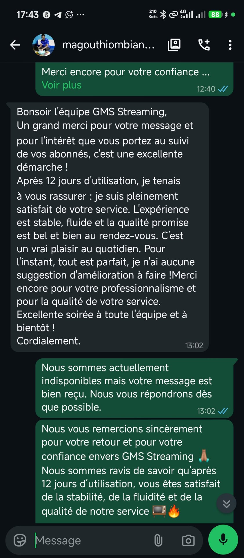Témoignage client GMS Streaming - service stable et fluide